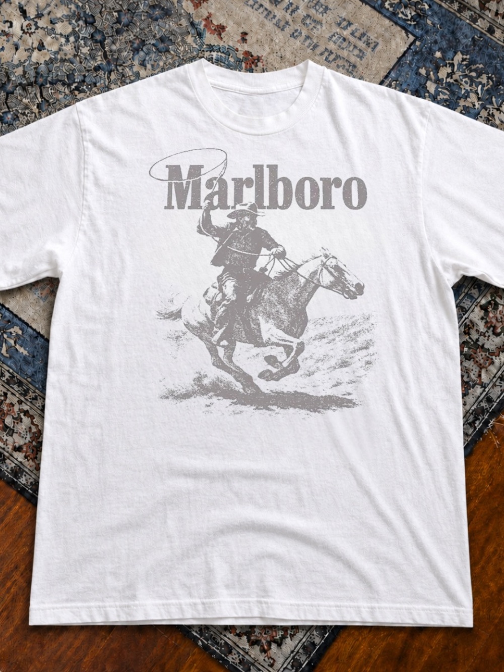 Gildan White Tee with Gray Marlboro Cowboy Graphic